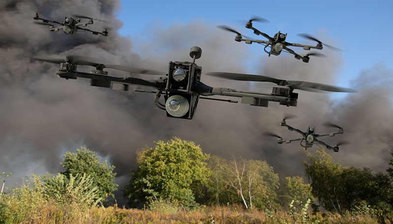 Concept art of a drone swarm during military exercises. 