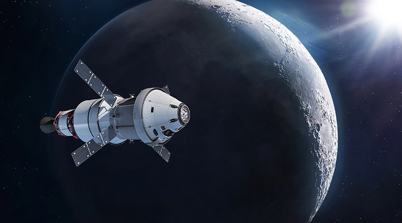 Depiction of the Orion spacecraft in orbit around the moon